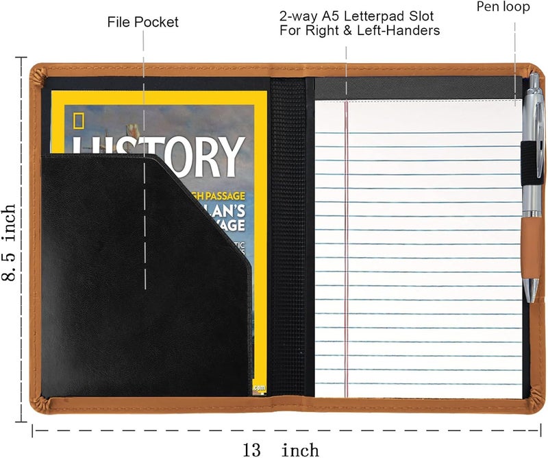 Gorbado Padfolio/Portfolio Binder, Mini Padfolio Portfolio Binder 5 x 8 Legal Writing Pad, A5 Document Organizer Folder for Men Women, Brown - Image 3